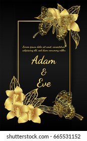 Invitation butterfly with thin wings and orchids by hand drawing.Butterfly and gold flower on black background.