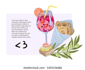 Invitation to a cafe bar restaurant for a party with sangria, summer discounts and offers, drinks with tapas. Vector flat style cartoon illustration