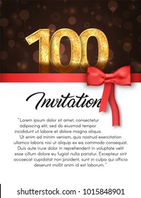 Invitation card for 100 years anniversary vector illustration. Template of holiday banner with red stripe and bow