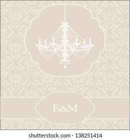 Invitation card. Abstract background with beige damask pattern and chandelier. for invitation, backdrop, Wedding, card, brochure, banner, border, wallpaper. Vector eps10, illustration.