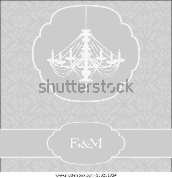 Invitation card. Abstract background with \
pale gray damask pattern and chandelier. for invitation, backdrop,\
Wedding, card, brochure, banner, border, wallpaper. Vector eps10,\
illustration.