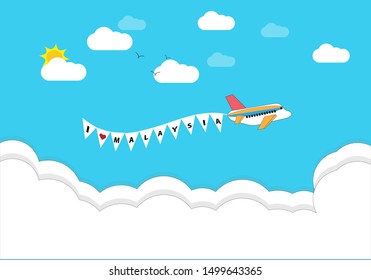 Invitation card abstract background with text i love Malaysia. Airplane and clouds. Vector illustration.