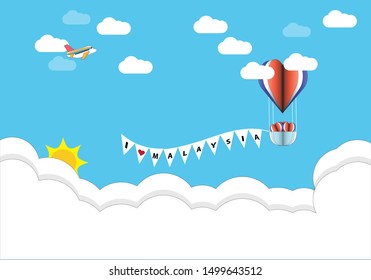 Invitation card abstract background with text i love Malaysia. Clouds, balloon in a heart shape. Vector illustration. 