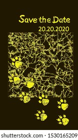 Invitation card with abstract Cute Animal paws tangled in a weband handwritten spotted lettering Save the Date leopard skin patterned on black background. Bright colored Vector web banner template.	