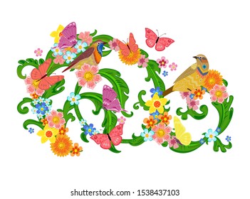 invitation card with abstract floral bouquets with butterflies, birds for your design