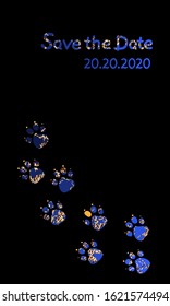 Invitation card with abstract leopard skin patterned Cute Neon Blue Animal paws and handwritten spotted lettering Save the Date on black background. Dark colored Vector web banner template.
