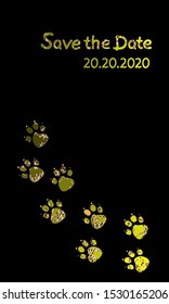 Invitation card with abstract Neon green Cute Animal paws and handwritten spotted lettering Save the Date leopard skin patterned on black background. Bright colored Vector web banner template.	