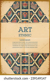Invitation card for the aged paper with orange floral ornament. Tribal style. Vector illustration.