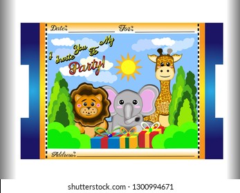 Invitation card to animal party in ticket mode with an elephant, a giraffe and a lion with the sun, white clouds, gifts in front, perfect for children, blue with yellow in vector