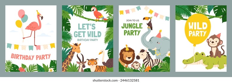 Einladungskarte mit Tieren. Nettes Poster mit Baby Dschungeltier. Lustiger Geburtstag laden Vorlage mit wildem Löwen, Elefanten, Affen, Zebra ein. Kinder Hintergründe für Urlaub. Vektorgrafik eingestellt. Tierfauna