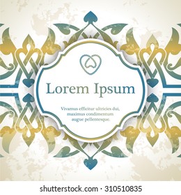 Invitation card with arabesque decor - ottoman floral pattern in gold blue color