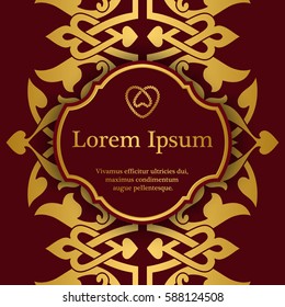 Invitation card with arabesque decor - ottoman floral pattern in gold and red color
