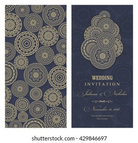 Invitation card arabic, mandala, blue and gold.