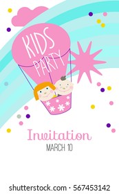 Invitation card for baby party with air ball and confetti. Vector illustration