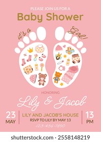 Invitation card for baby shower or birthday party. It's a girl. Vertical postcard template with footprints, baby essentials and text on pink background. Festive card. Cute vector illustration.