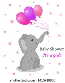 Invitation card baby shower with elephant for girl. Cute elephant with balloons. Birthday greetings card with flat elephant. vector EPS10