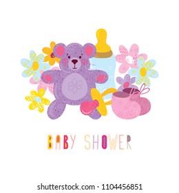 Invitation card for baby shower with funny lettering. Toy bear, milk bottle, baby's bootees and a soother on floral background