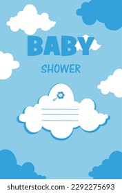 Invitation card for a baby shower party, on a background of white and blue clouds, a large cloud with text and a baby rattle.