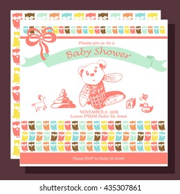 invitation card baby shower with toys and colored owl