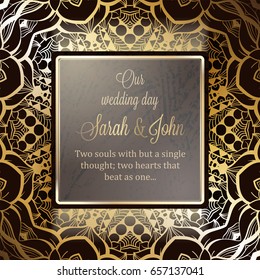 Invitation card or background with antique, luxury gold frame, ornamental banner, intricate wallpaper lacy tracery baroque style booklet,fashion pattern, template for design with place for text.