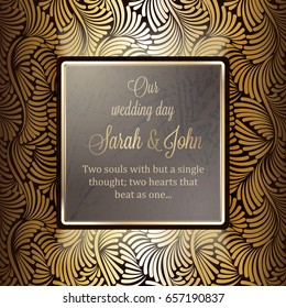 Invitation card or background with antique, luxury gold frame, ornamental banner, intricate wallpaper lacy tracery baroque style booklet,fashion pattern, template for design with place for text.