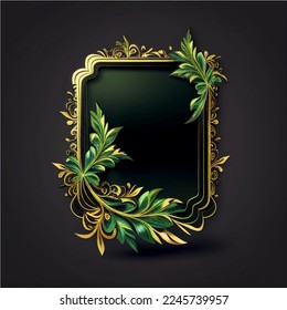 Invitation card background green leaf gold template; artistic covers design; colorful texture; geometric Leafy frame with gold ornaments graphic poster; brochure; Vector design with space for text