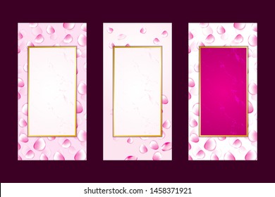 Invitation card background pink rose petals gold white and marble border, artistic covers design, colorful texture, geometric. Trendy pattern, graphic poster, brochure, Vector design