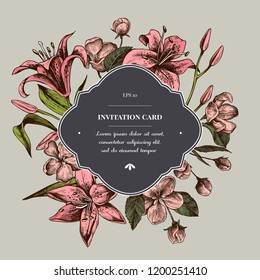 Invitation card badge over lillies. Hand drawn vector illustration