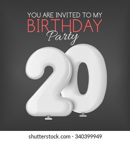 Invitation card with balloons. The invitation to the party. Celebrating the 20th anniversary. Inflatable realistic 3D red balls in the form of numbers. Vector illustration