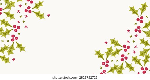 Invitation card banner backdrop template with hand drawn Christmas holly sprig corner design
