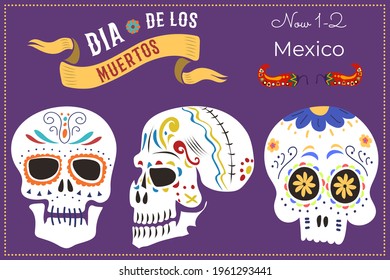 Invitation card banner, celebrate day of dead in mexico three skull, celebrating postcard dia de los flat vector illustration.