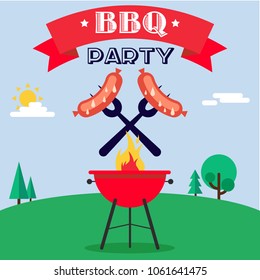 Invitation card to the barbecue. Grilled sausages on forks on the background of the natural landscape. Illustration in a flat style. Fully editable vector.