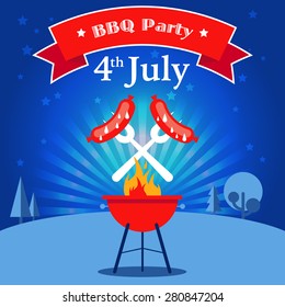 Invitation card to the barbecue party. Grilled sausages on the forks on the background of the natural night landscape. Illustration in a flat style. Fully editable vector.