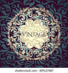 Invitation card Baroque dark colored seamless abstract floral background, Vintage golden frame