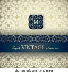 Invitation Card Baroque Golden Colored Seamless Abstract Ornamental Background, Vintage Frame And Border