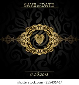 Invitation card Baroque Golden Frame and black background, Vintage design elements