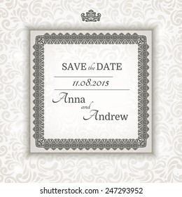 Invitation card Baroque grey and silver, Vintage frame, seamless background