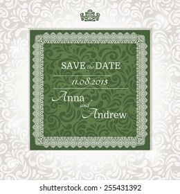 Invitation card Baroque grey and silver with green, Vintage frame, seamless background