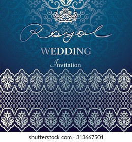 Invitation card Baroque light blue and silver, Vintage border, seamless background, elegant