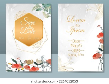 Invitation Card with beautiful blooming floral watercolor background.
Beautiful hand drawing Wedding invitation design pink rose invitation template. Elegant wedding card with beautiful floral vector.