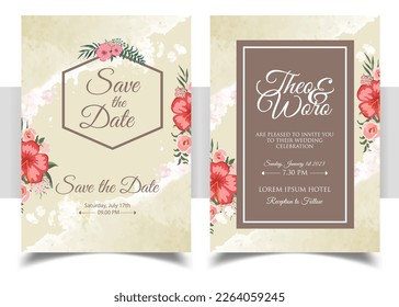 Invitation Card with beautiful blooming floral watercolor background. Beautiful hand drawing Wedding invitation design pink rose invitation template. Elegant wedding card with beautiful floral vector.