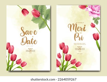 Invitation Card with beautiful blooming floral watercolor background. Beautiful hand drawing Wedding invitation design pink rose invitation template. Elegant wedding card with beautiful floral vector.