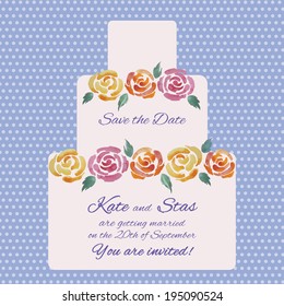 Invitation card with big cake and colorful roses. Floral holiday card for birthday or wedding invitation on the spotted violet background.