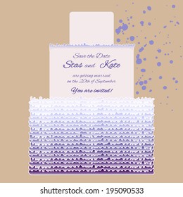 Invitation card with big cake and violet cream. Holiday card for birthday or wedding.