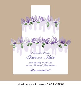 Invitation card with big cake and violet flowers. Floral holiday card for birthday or wedding invitation on the beige background.