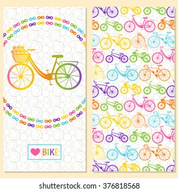 Invitation card with bike in the chain wreath. At the back six kinds of bicycles: mountain, road, city, bmx, kids and penny farthing . Background with circles.