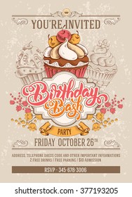 Invitation Card To Birthday Bash Party With Calligraphic Lettering Birthday Bash And Hand Drawn Sweet Cupcakes In Vintage Style. Vector Illustration.