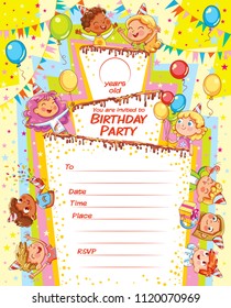 Invitation card for the birthday party. Template for filing information: date, time, place, RSVP. Happy group of children having fun at birthday party. Template design brochure ready for your text