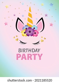 invitation card. Birthday card. Party invitation. Theme party. Unicorn party. Unicorn. Birthday. Invitation. Postcard. celebration. holiday. Vector. banner. 