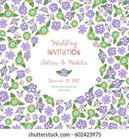 Invitation card for a birthday or wedding. Background with floral patterns. Chamomile, green leaves. Summer ornament. Vector illustration.